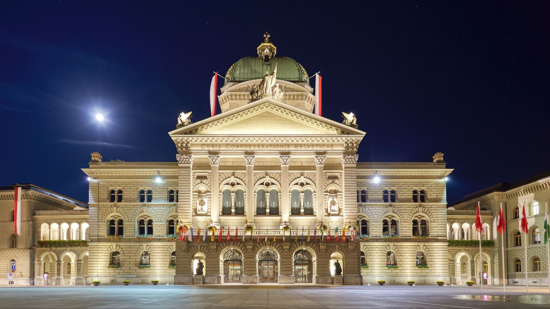 File:Bern Parliament Plaza Flagged Wide 2019-09-13 23-11.jpg