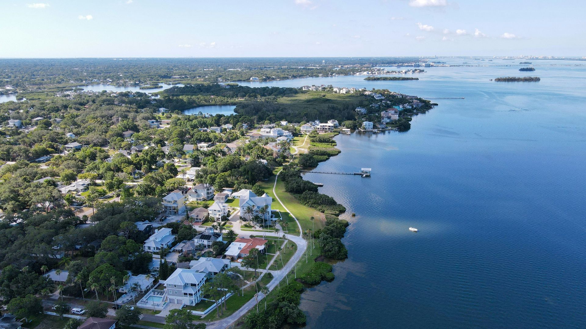 an aerial view of a small town by the water