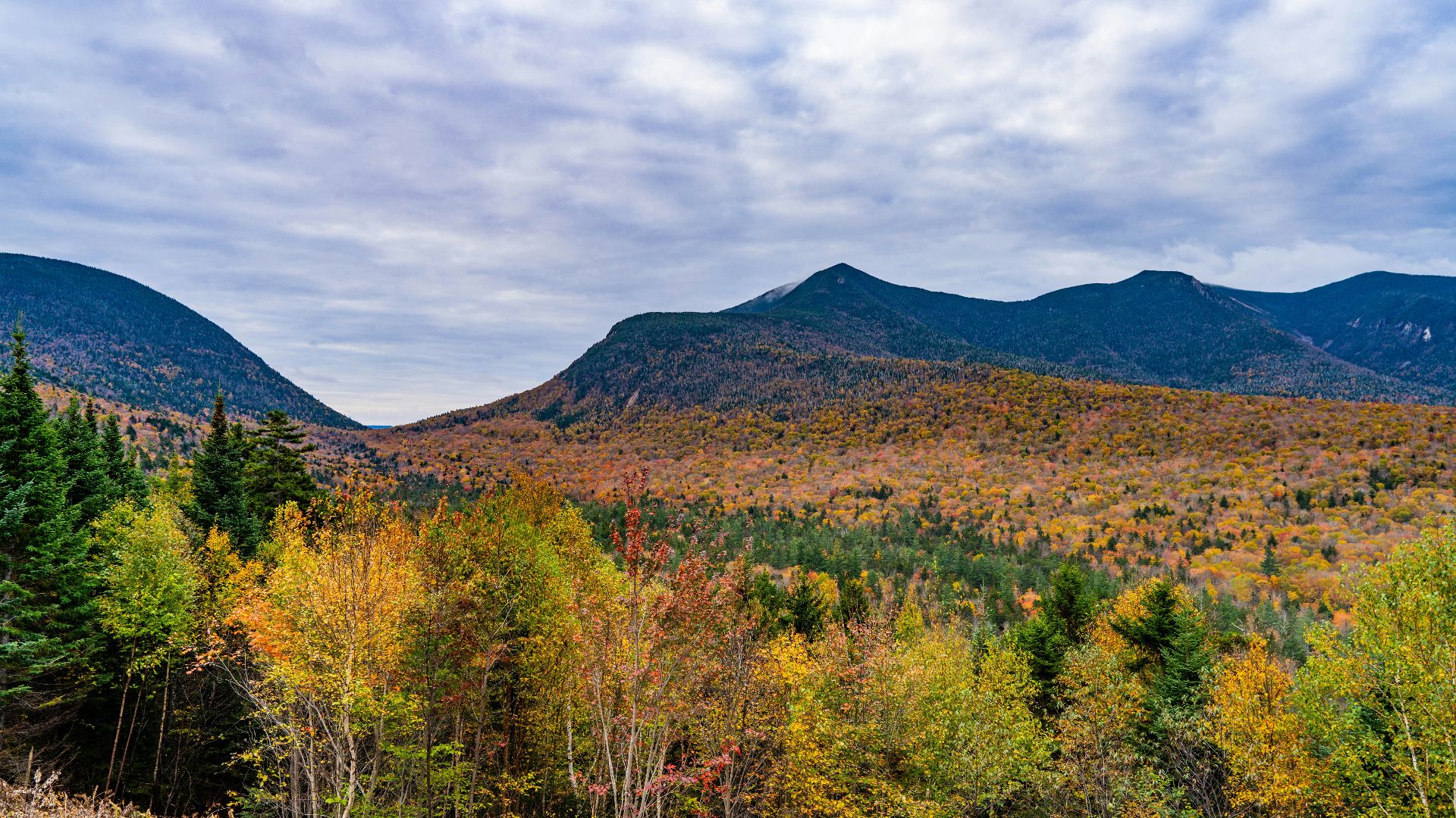 a scenic view of a mountain range in autumn