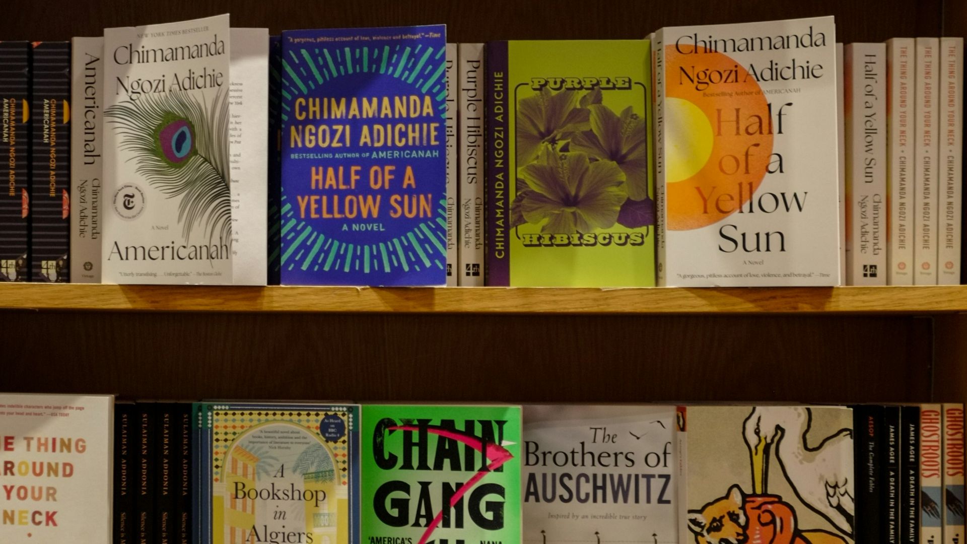 Books displayed on wooden shelves in a bookstore.