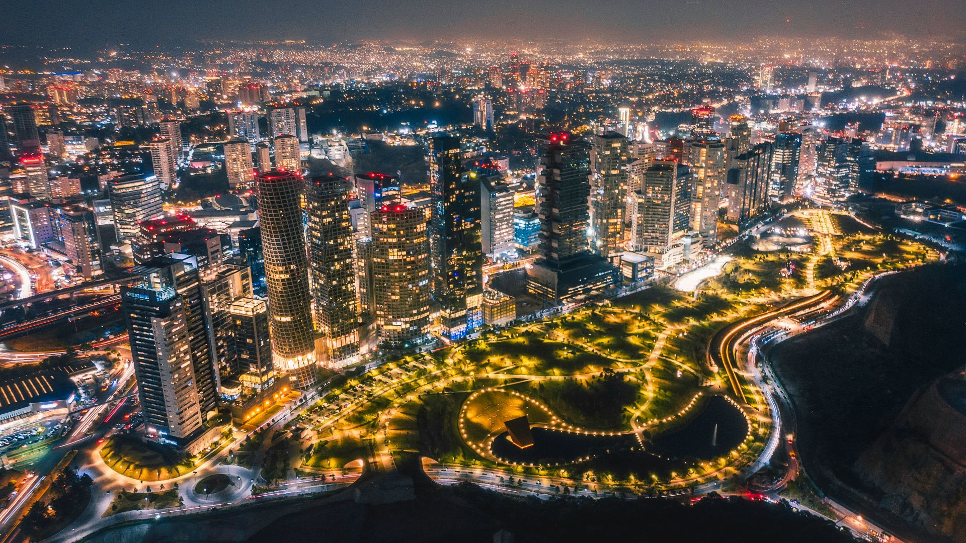 aerial view of city buildings during night time