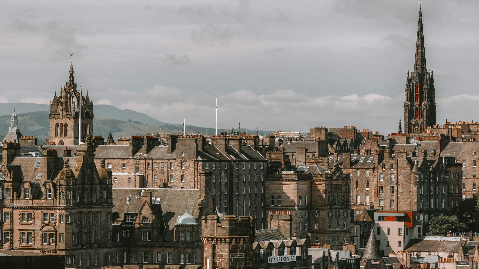 A view of a city with tall buildings