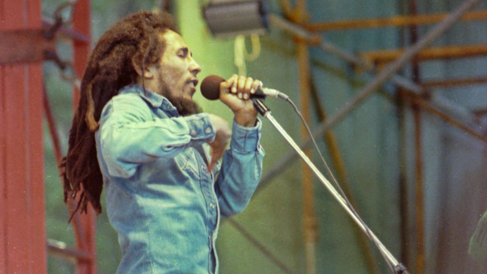 Bob marley performing on stage with microphone