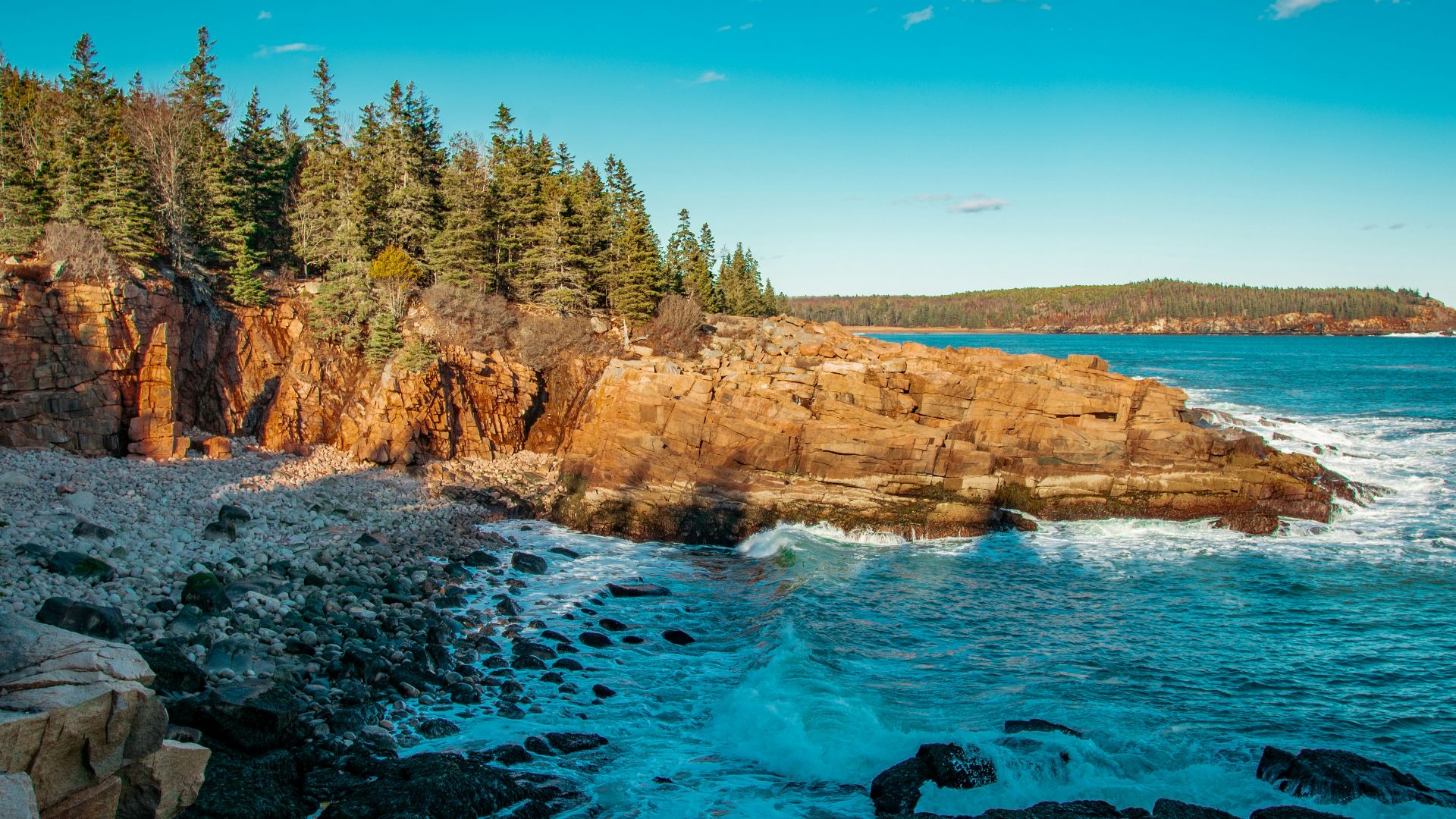 green trees on brown rocky mountain beside blue sea under blue sky during daytime
