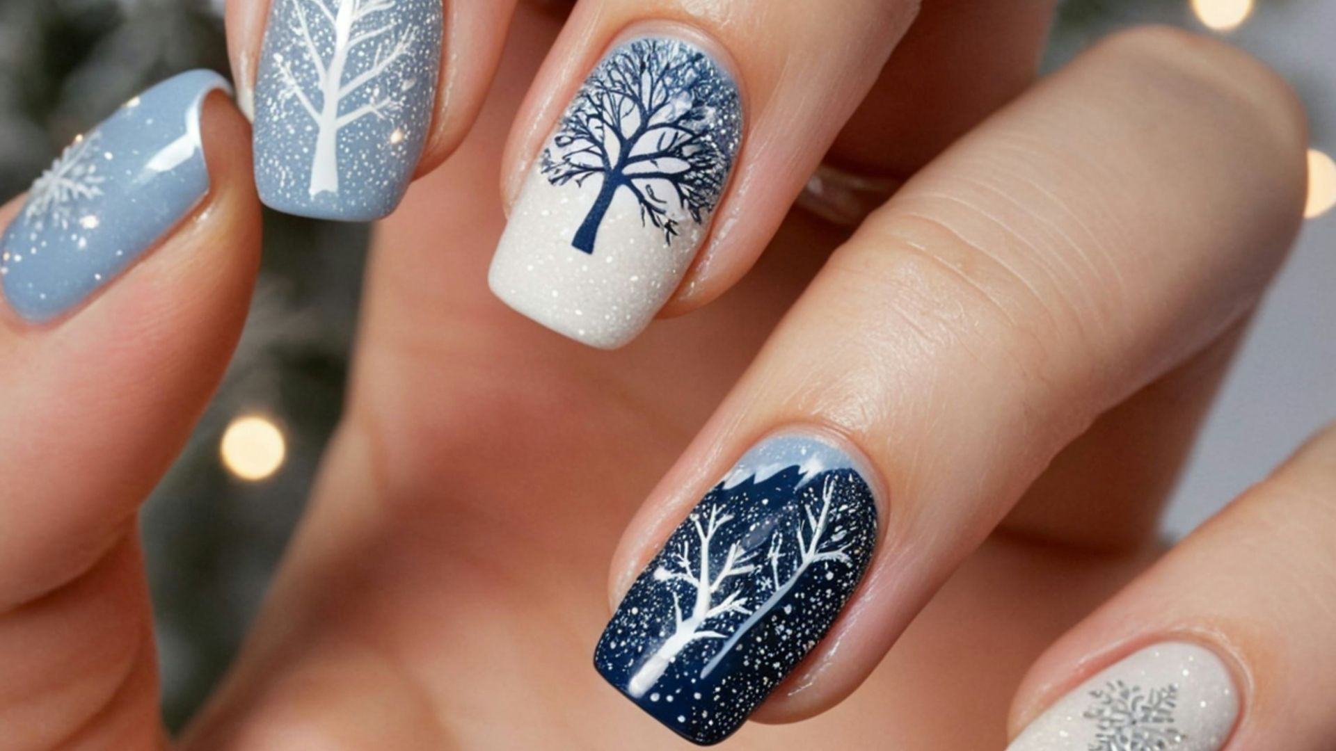 A person with a blue and white manicure with a tree on it