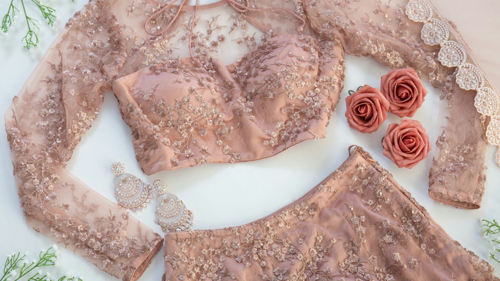 brown and white floral scoop neck long sleeve shirt