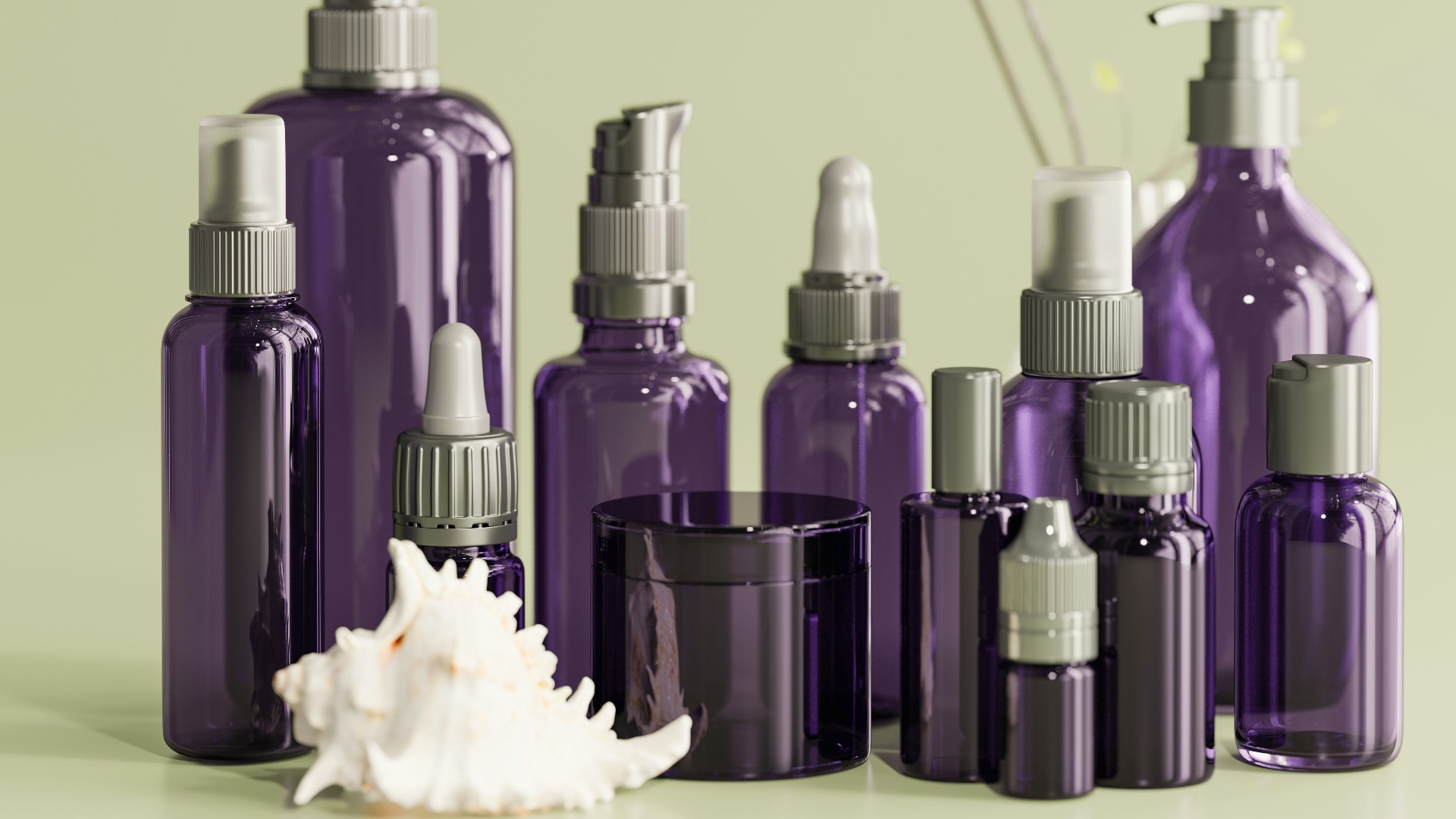 a group of purple bottles sitting on top of a table