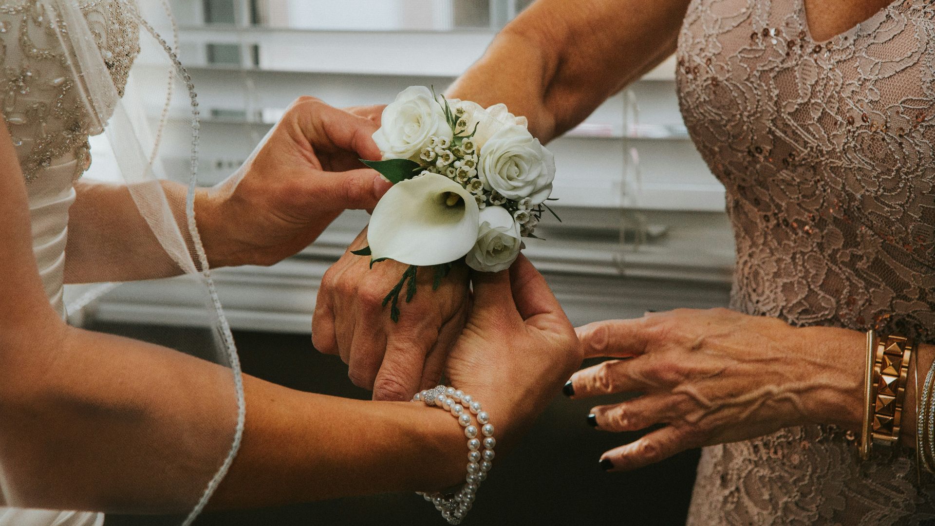 woman put white flowers on woman's hand