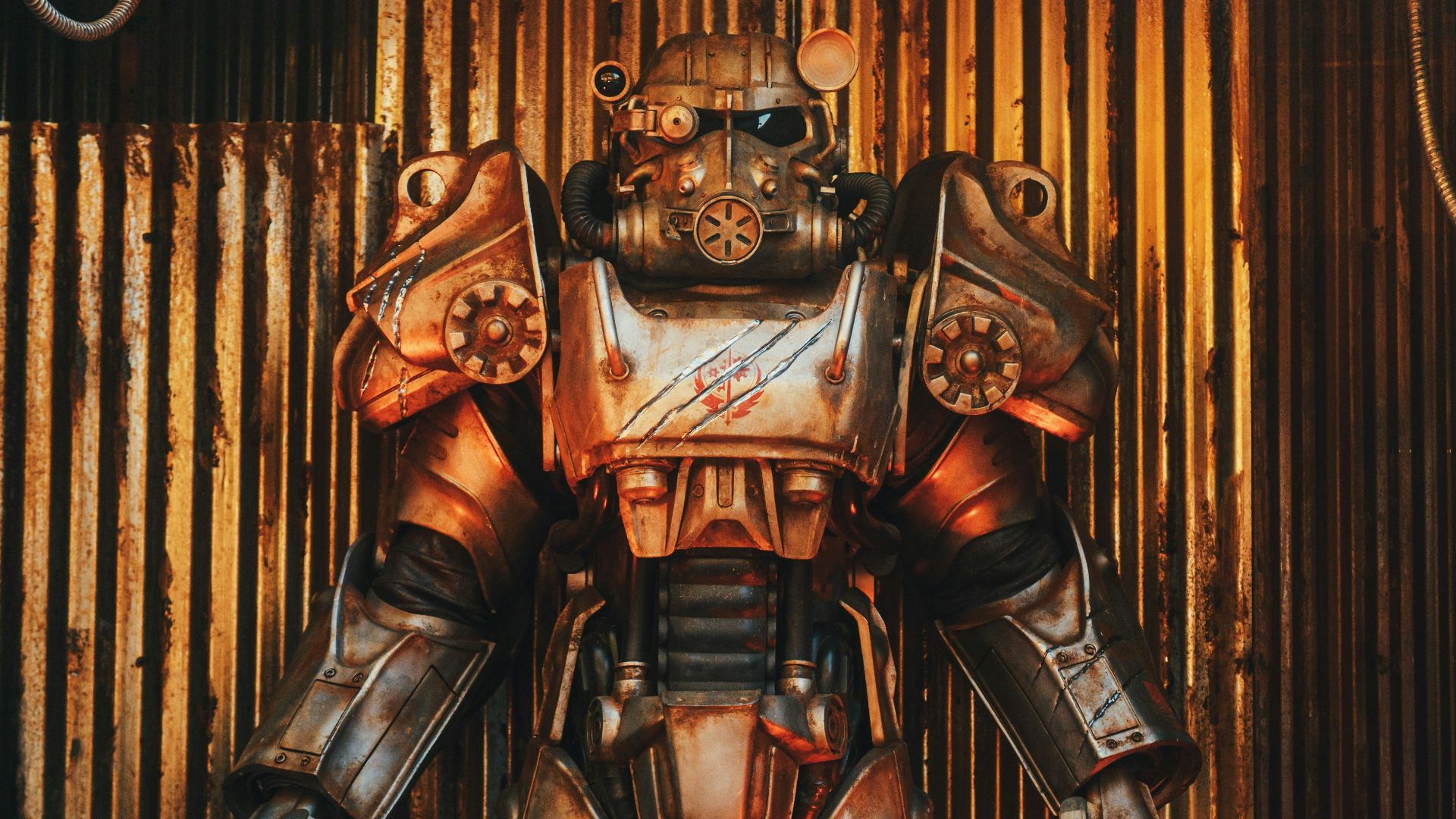 a giant robot standing in front of a wall