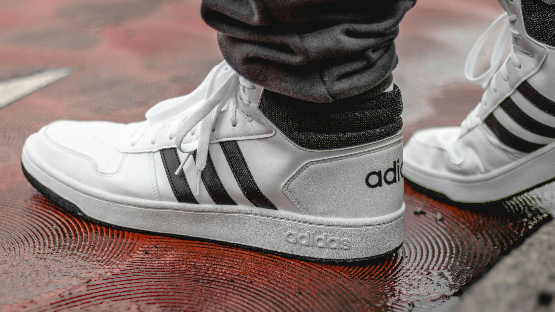 white-and-black Adidas low-top sneakers