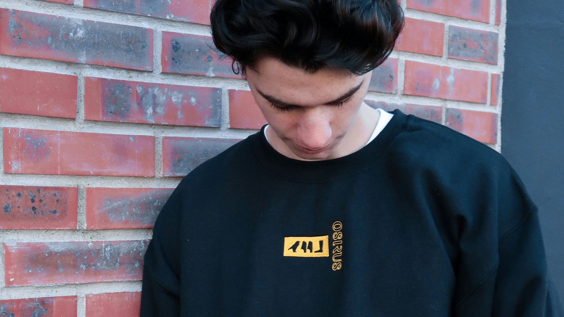 man in blue crew neck sweater standing beside brown brick wall