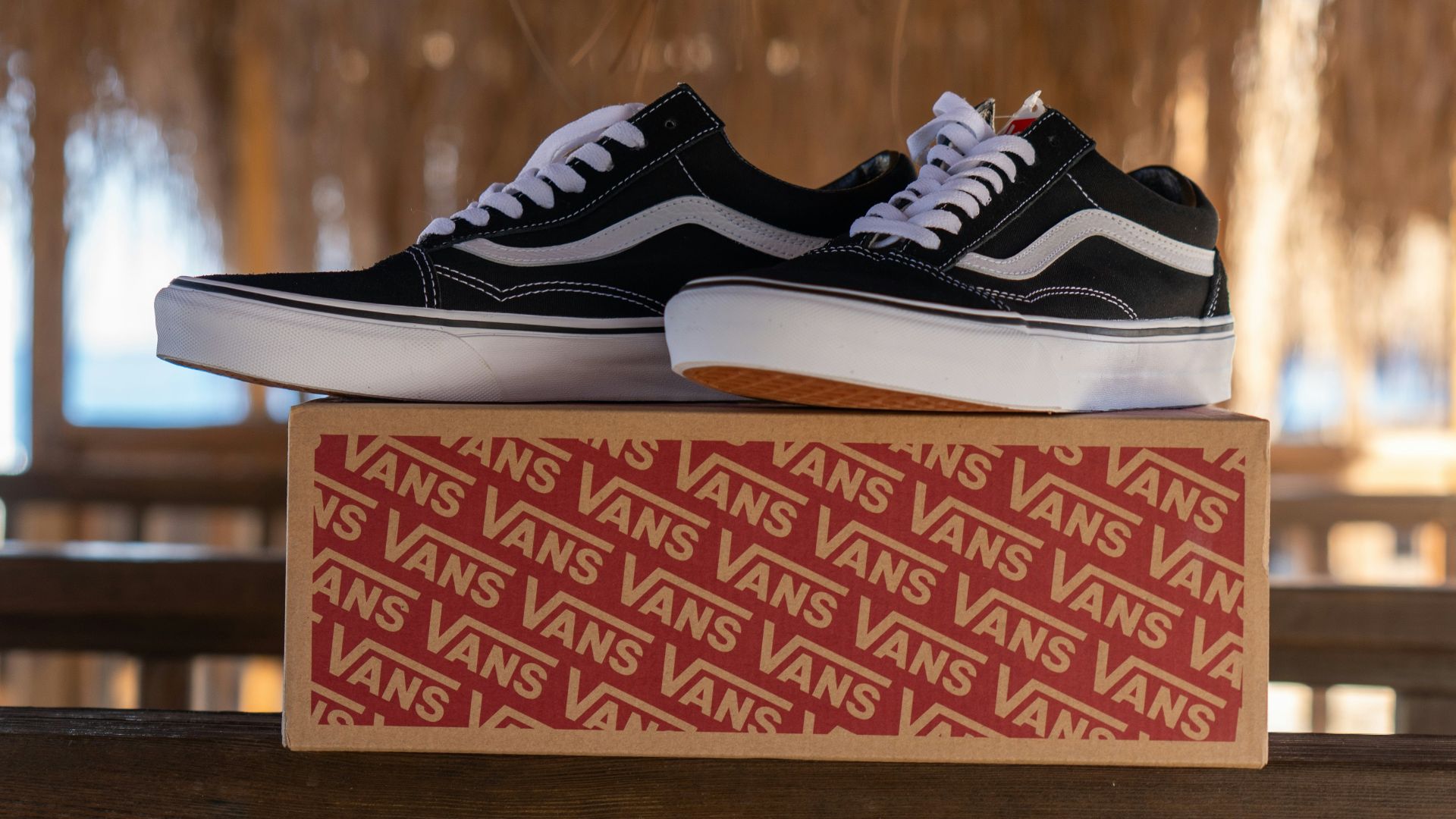 a pair of sneakers on a bench