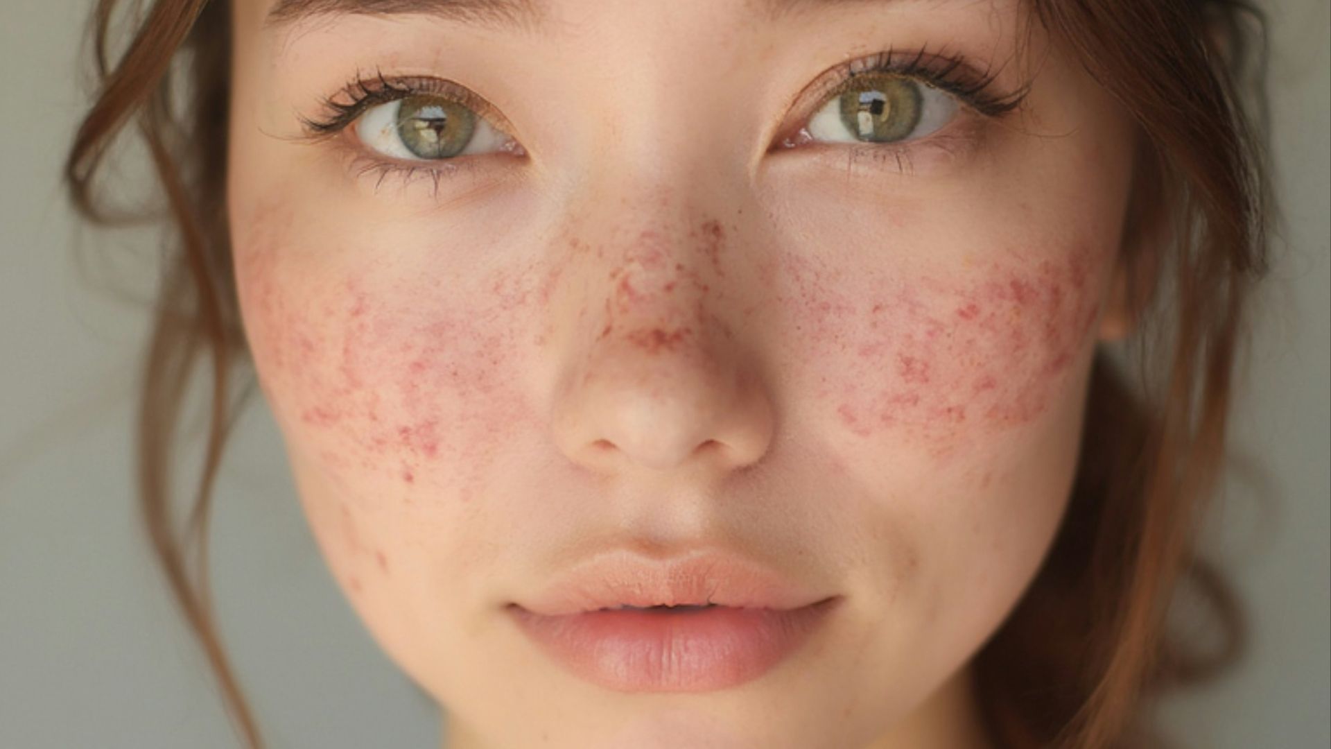 A young woman with freckles on her face