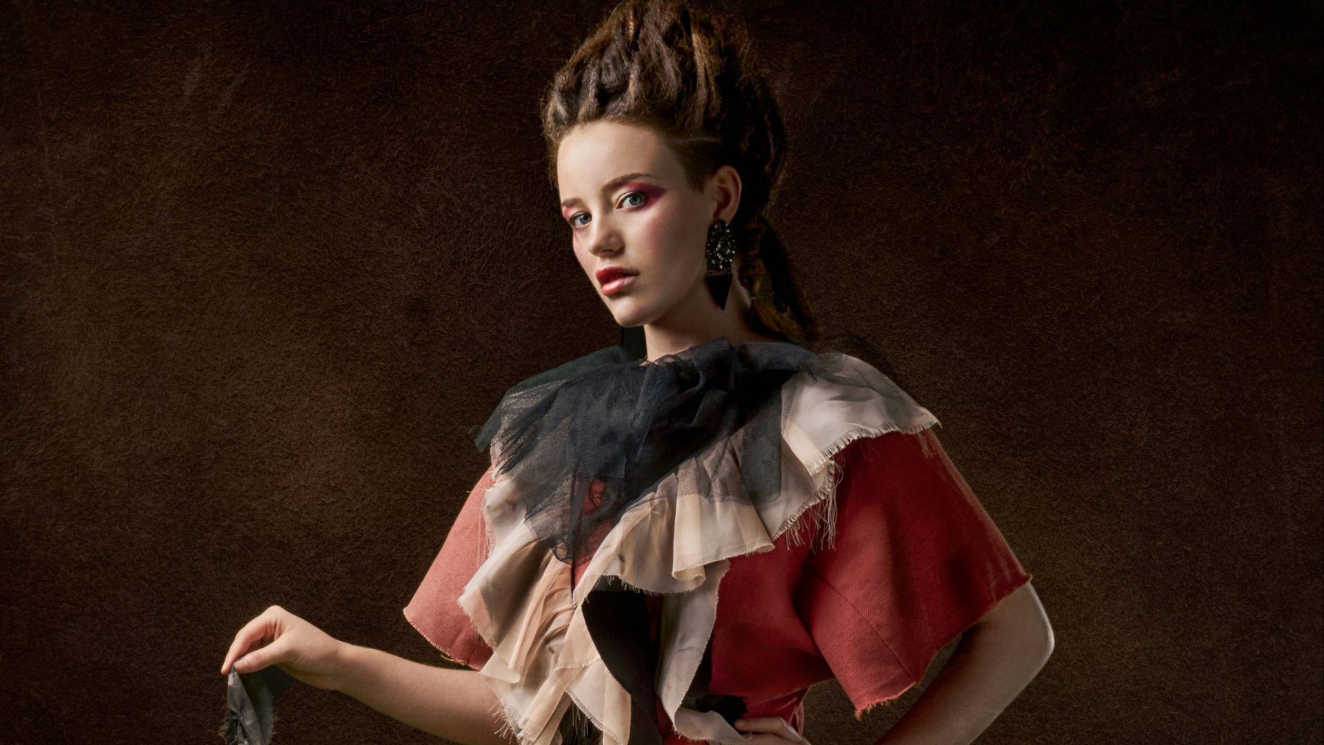 women's red, brown, and gray floral short-sleeved dress