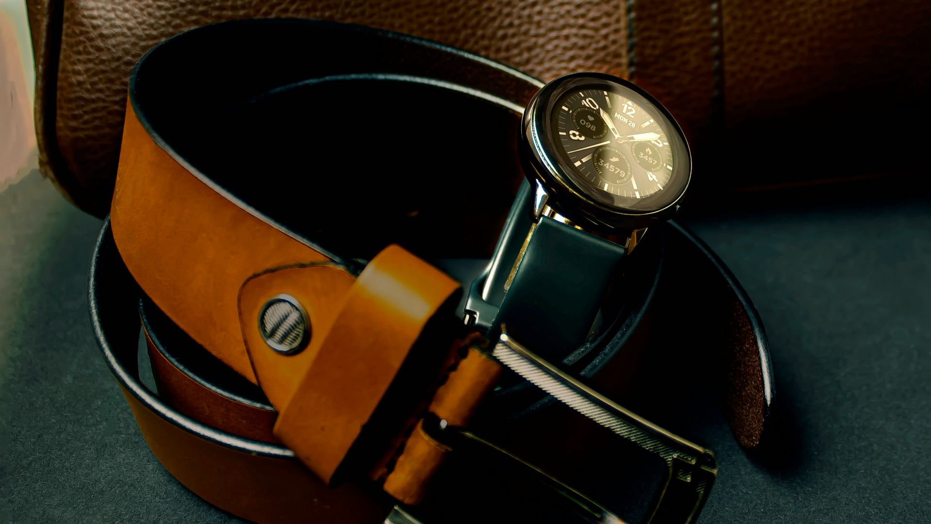 black leather strap silver round analog watch