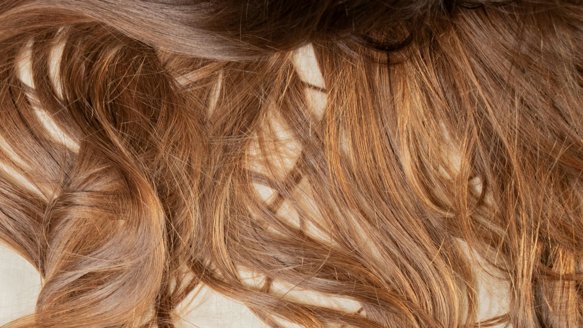 a close up of a woman's hair laying on a bed