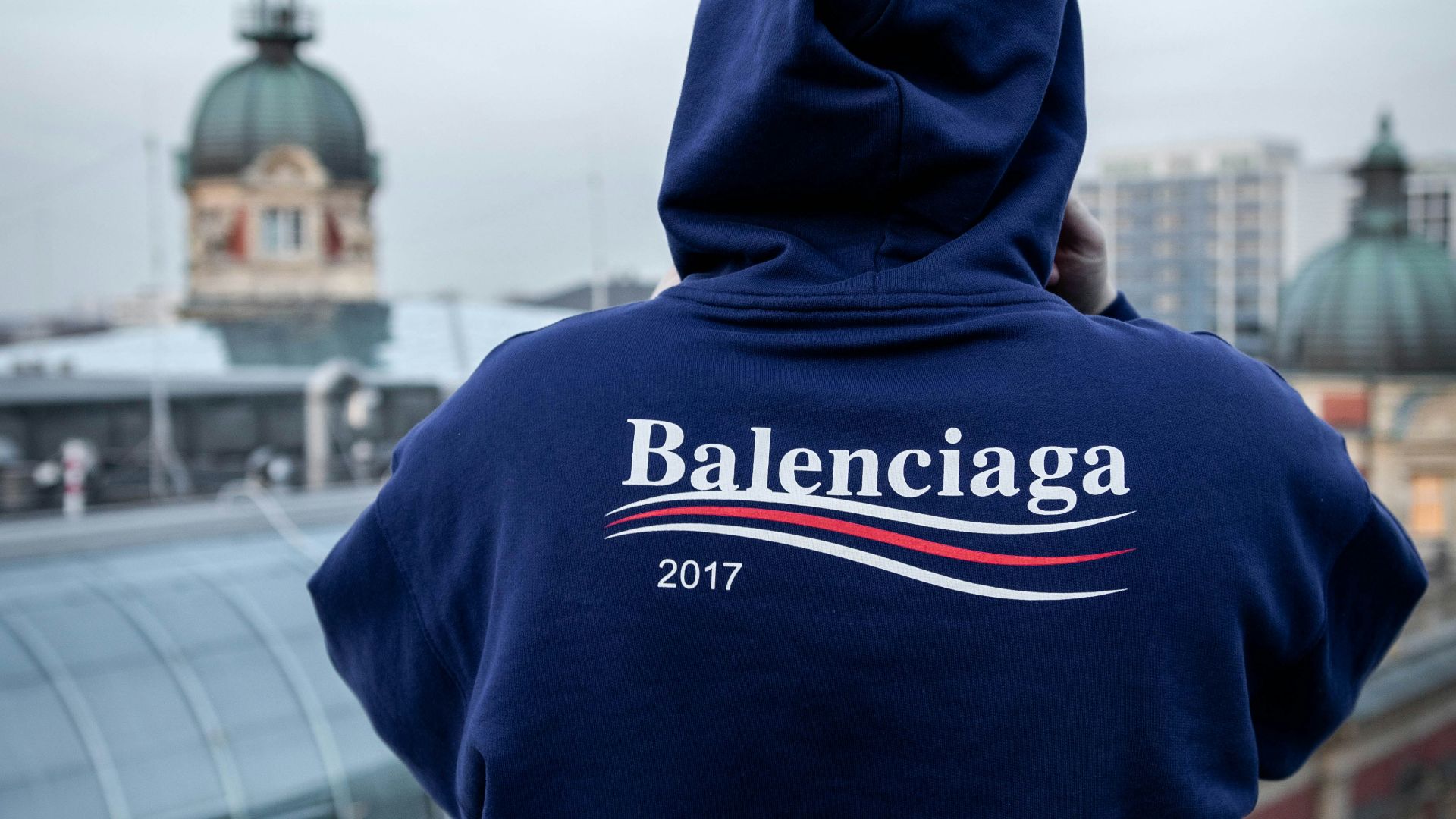blue and white Balenciaga hoodie