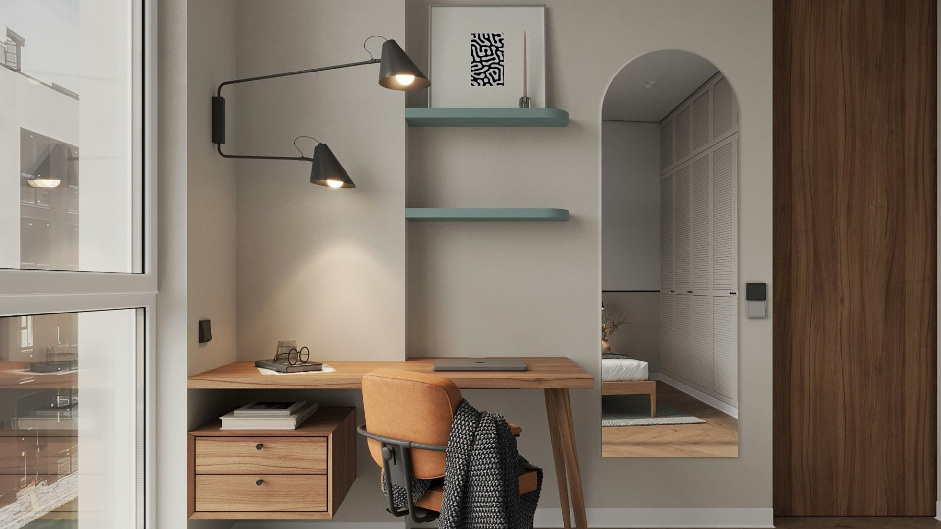 A room with a desk and a chair