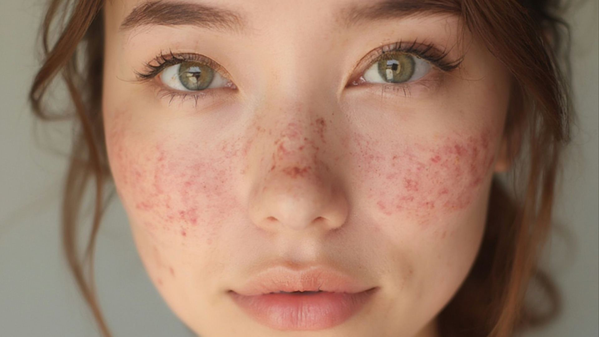A young woman with freckles on her face