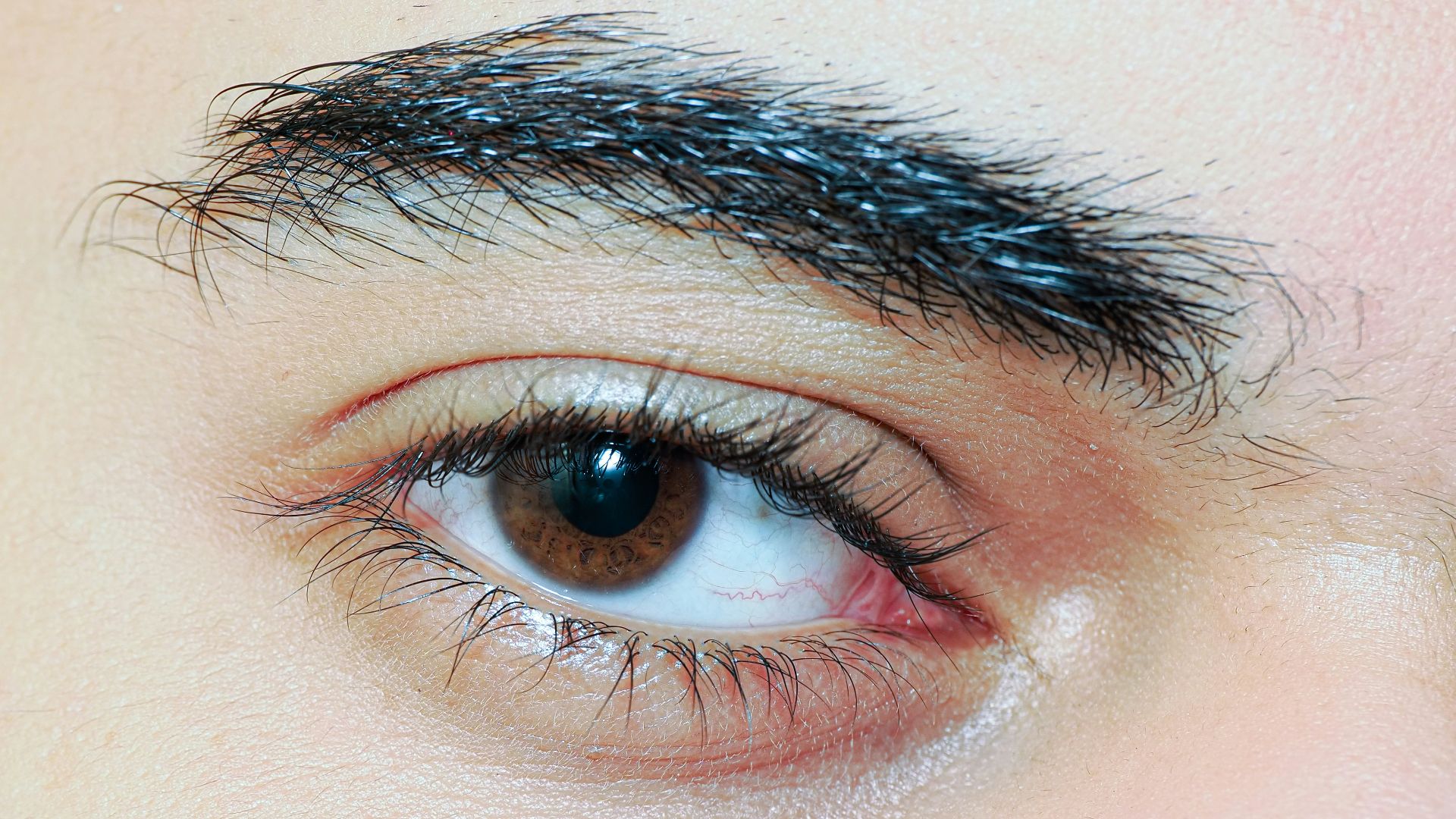 A close up of a person's eye with black hair