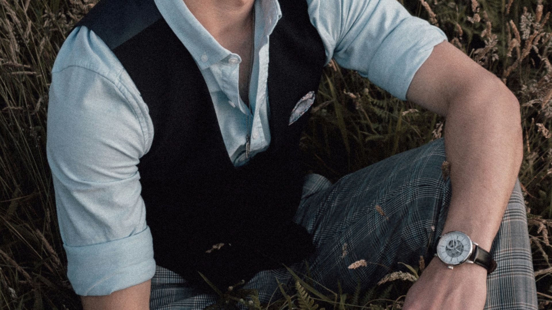 men's gray button-up collared shirt and black veset