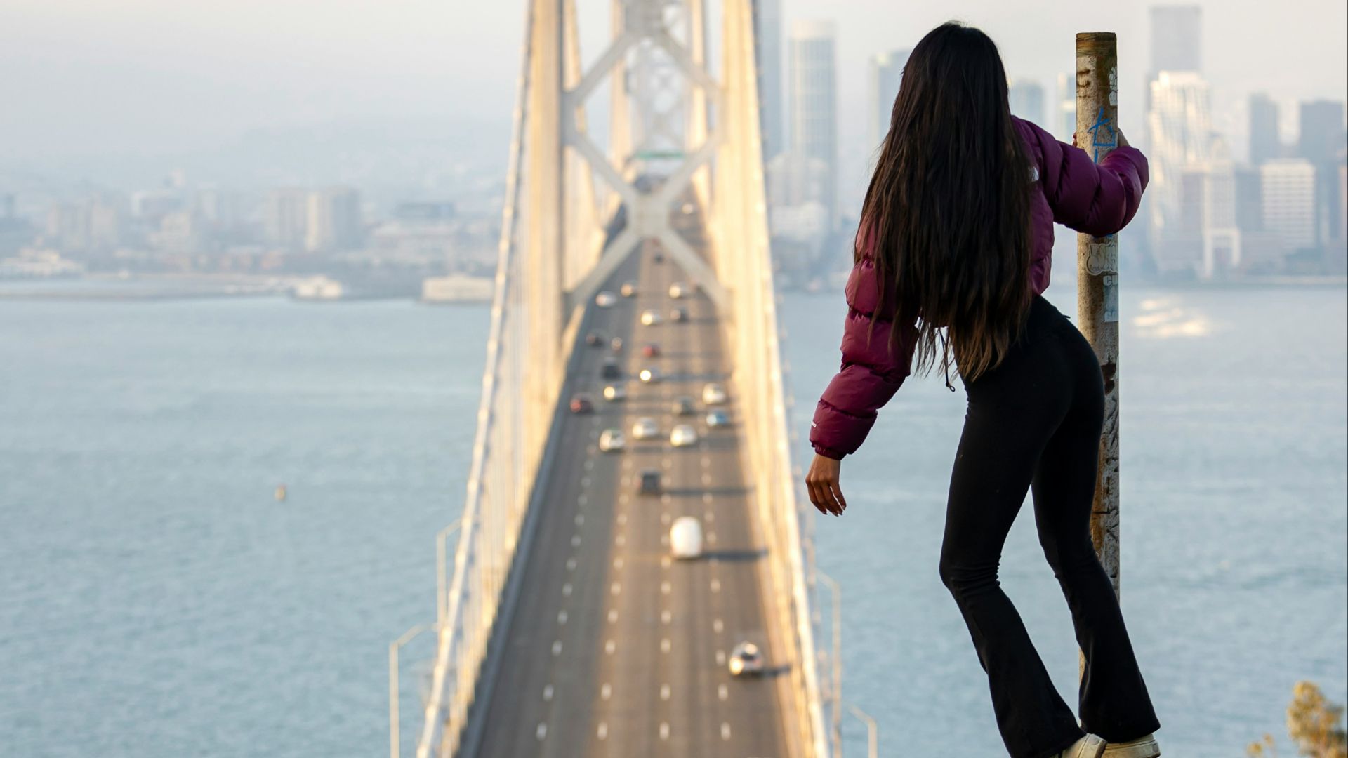 Woman on pole overlooking bridge and city