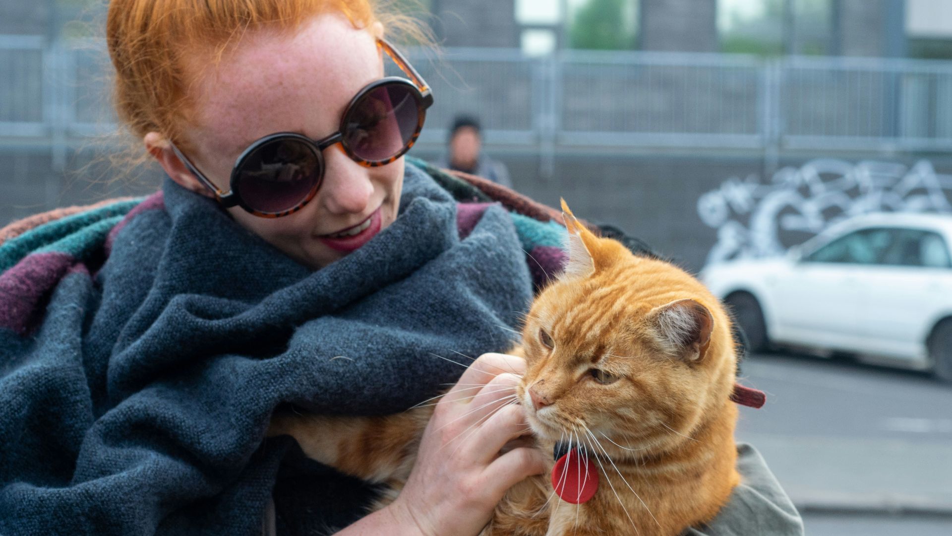 a woman with red hair is holding a cat