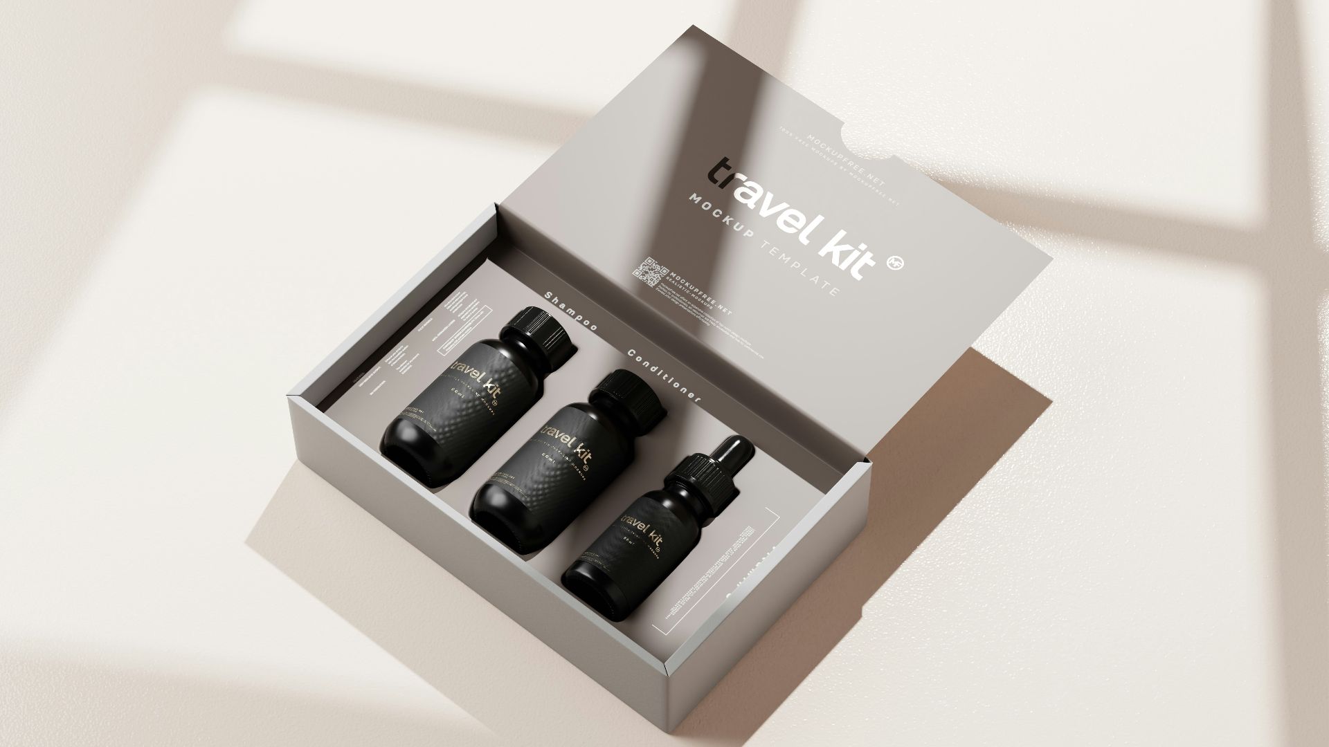 three bottles in a box on a table