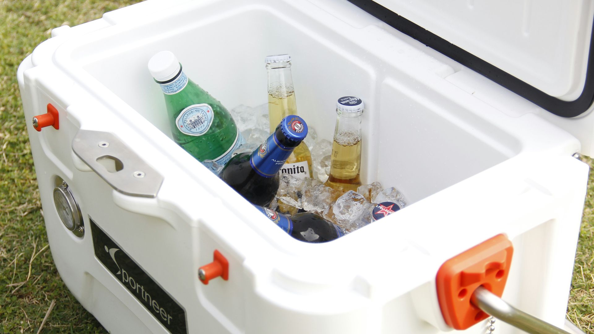 white ice cooler with assorted-brand bottle lot