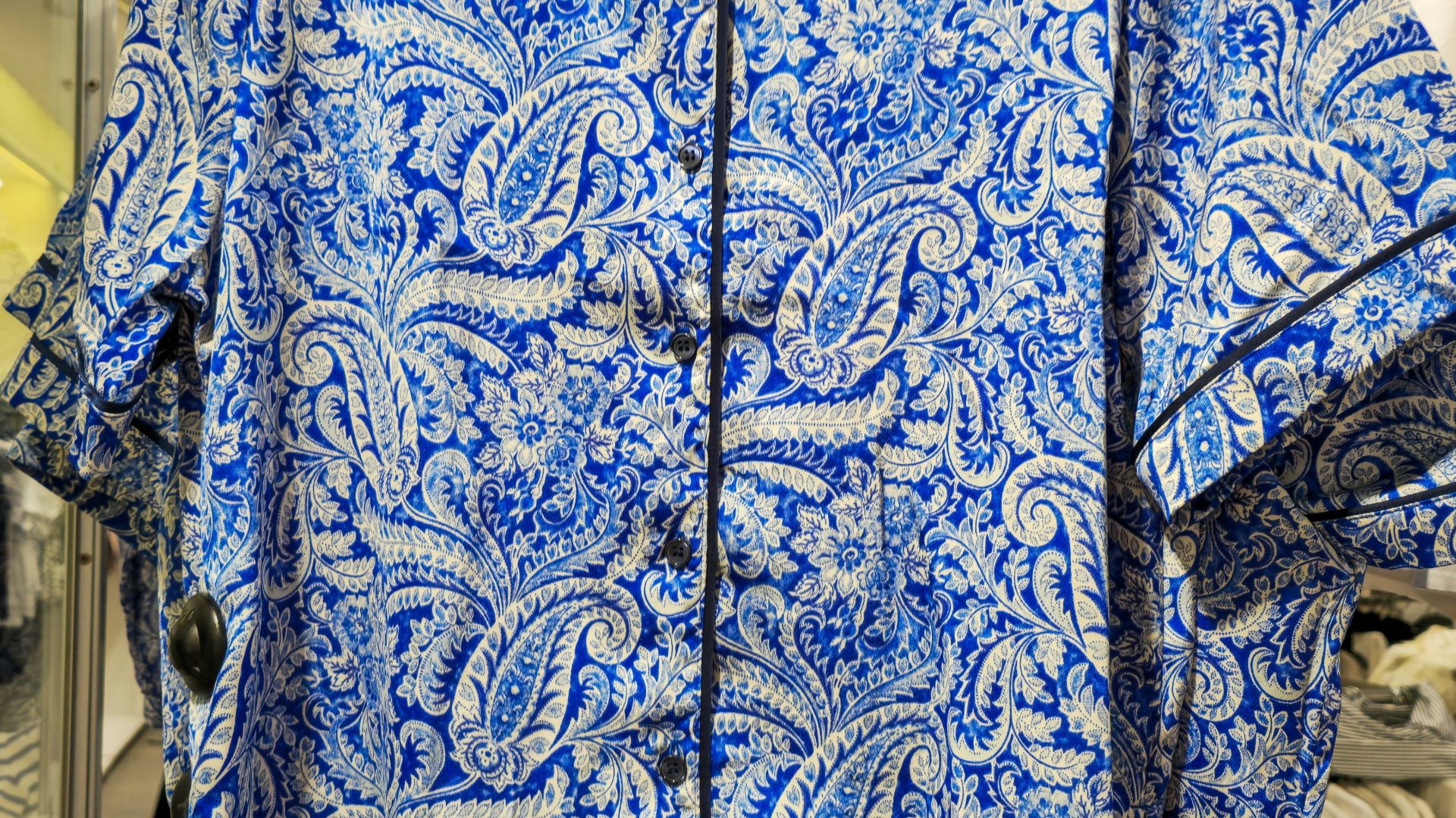 Blue and white paisley print satin shirt