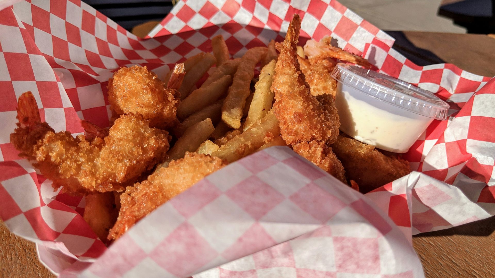fried shrimp on white and red tray
