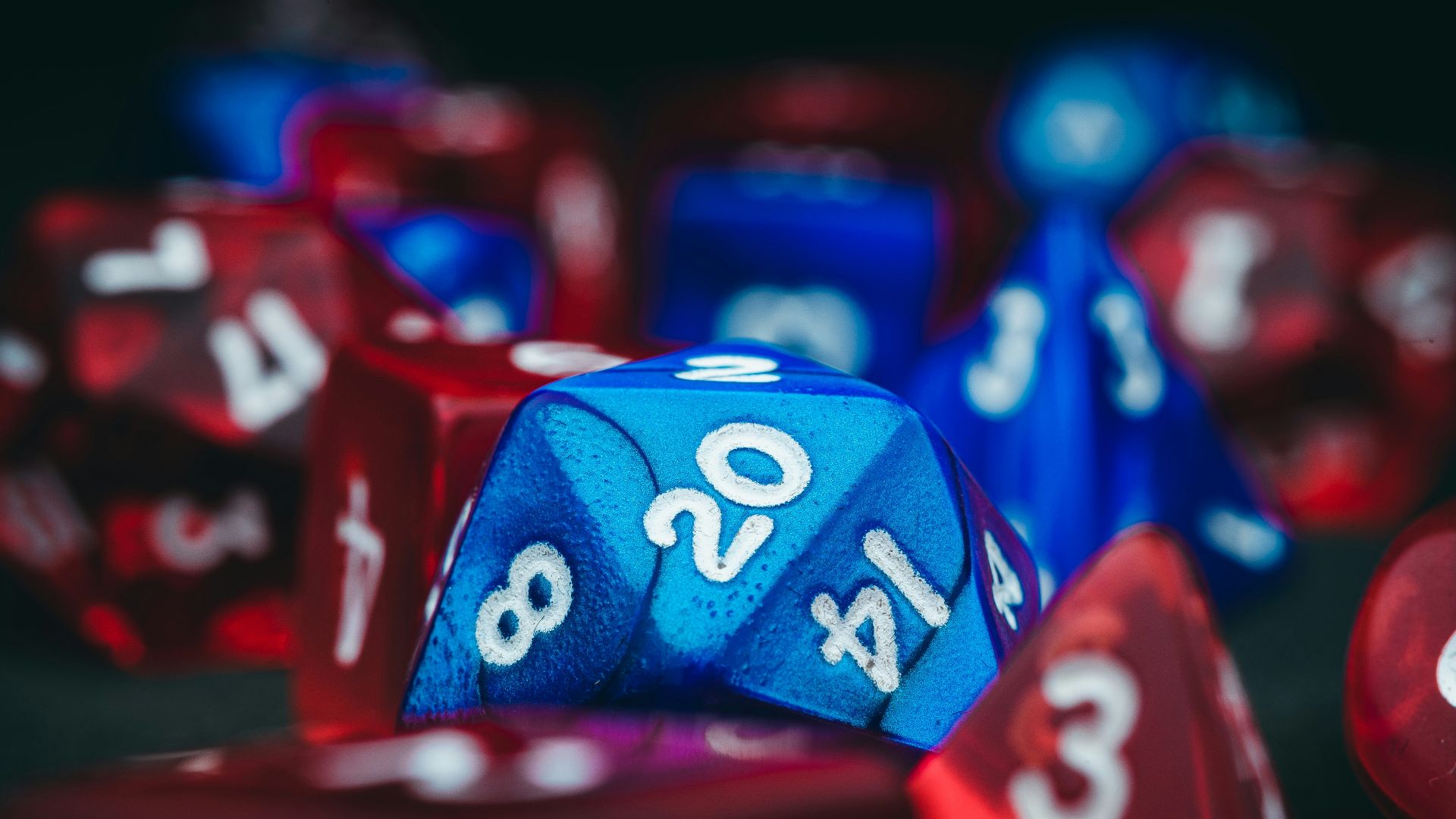 a close up of a blue and red dice
