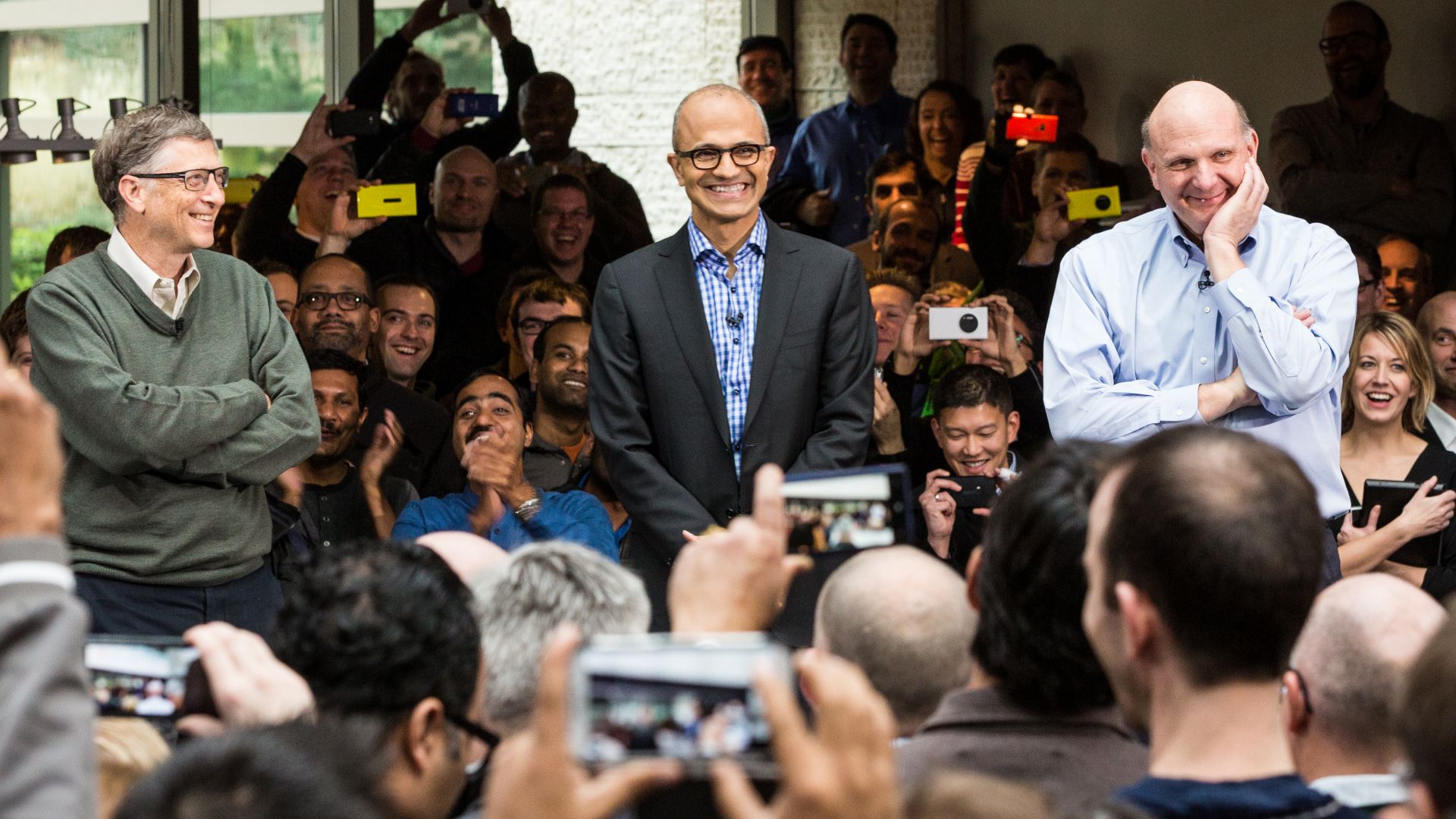 File:Satya Nadella, CEO of Microsoft, with former CEOs Bill Gates, and Steve Ballmer.jpg