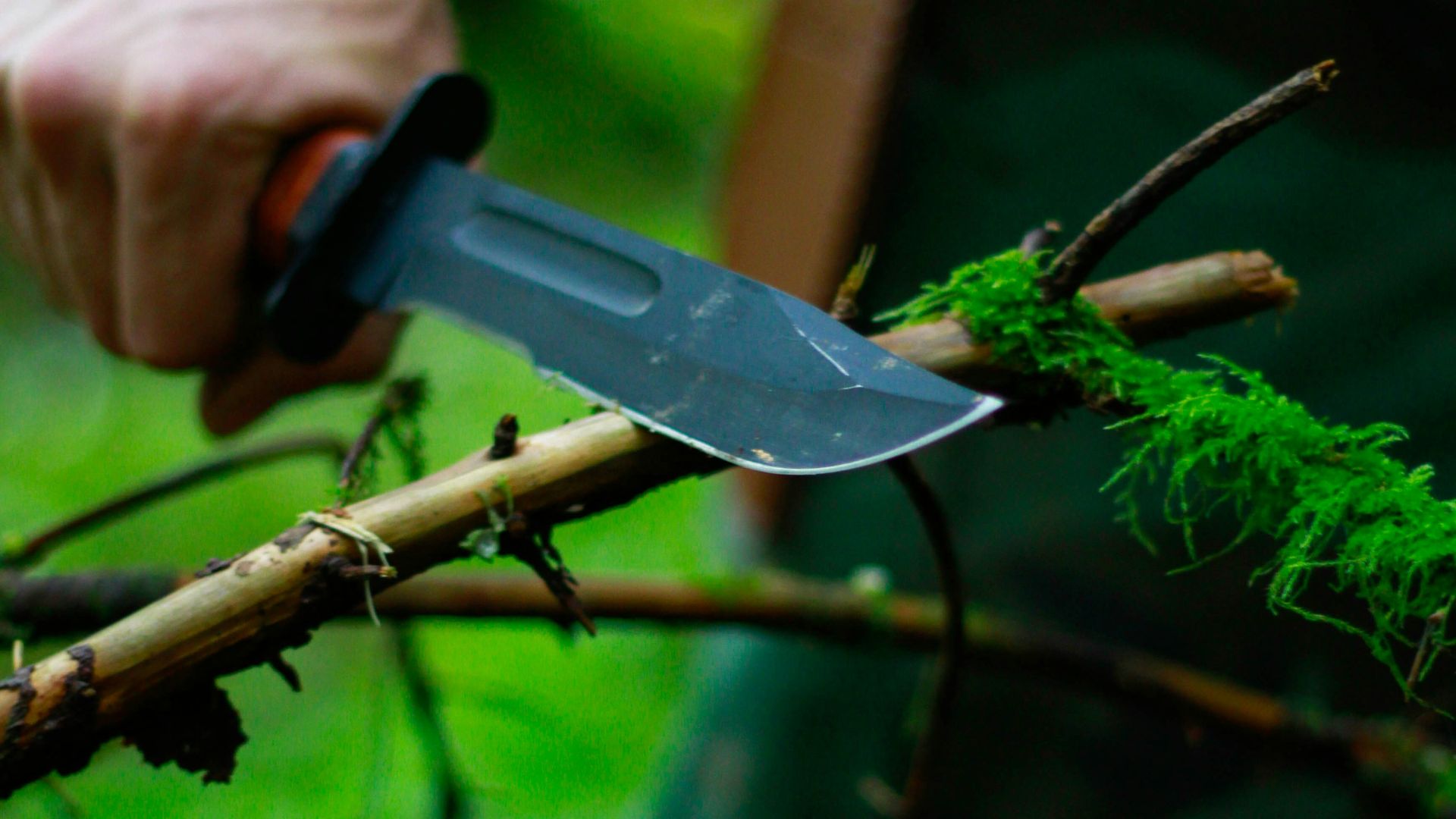 man holding hunting knife near twig