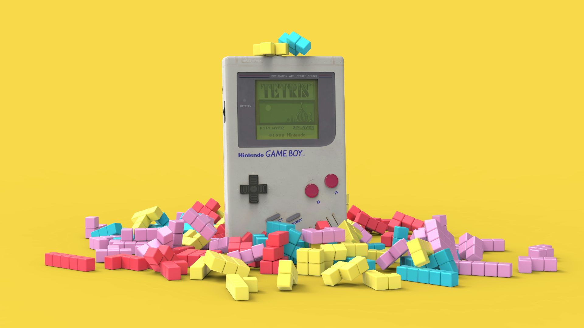 a nintendo gameboy surrounded by letters on a yellow background