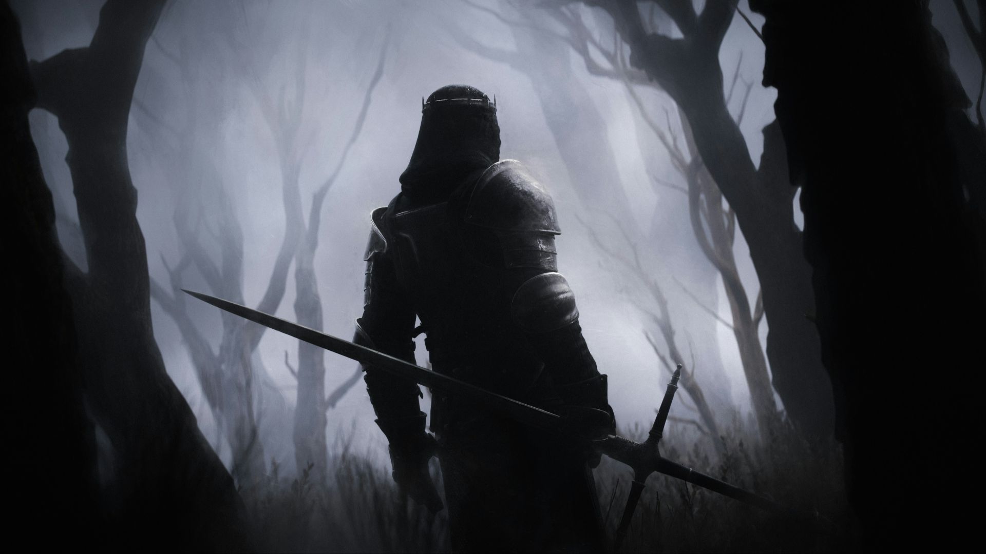 a man in a hooded suit holding a sword in a dark forest