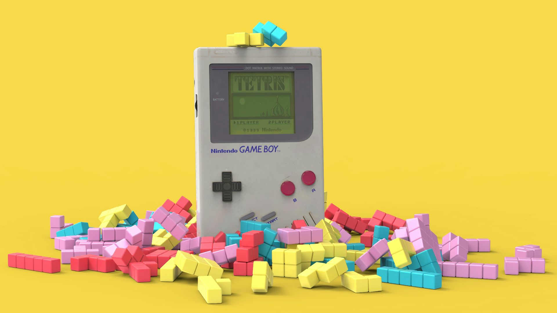a nintendo gameboy surrounded by letters on a yellow background