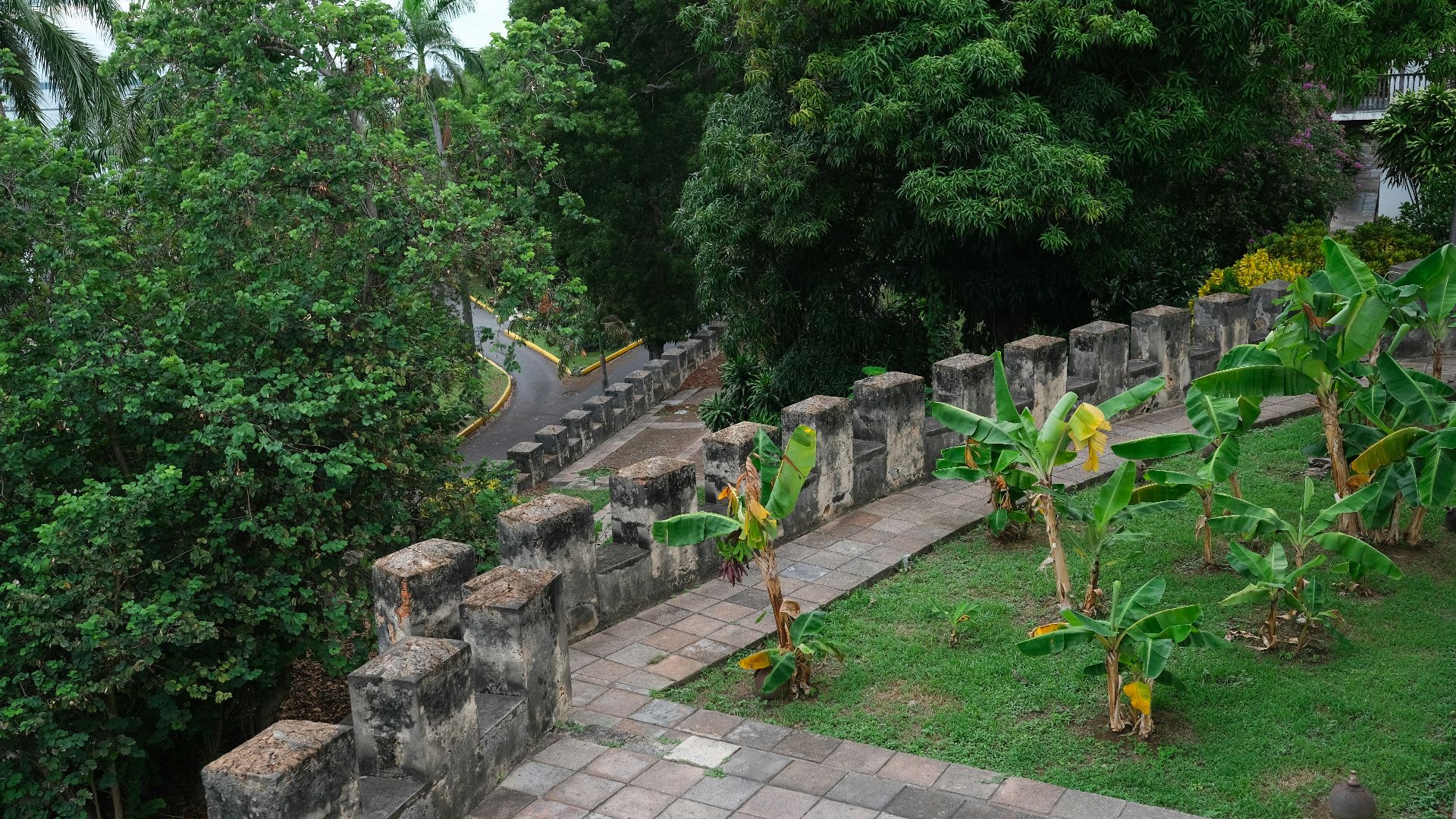 a view of a stone wall and some trees