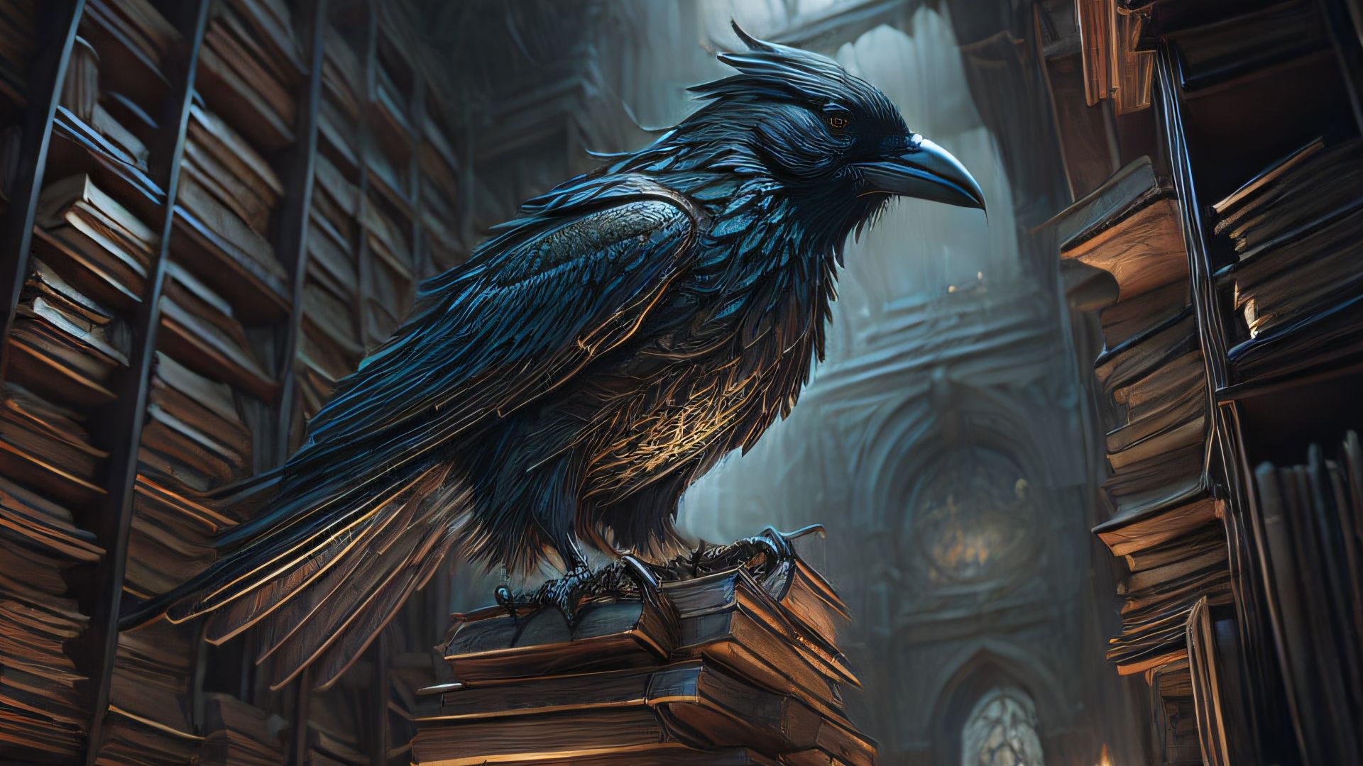 File:Sci-Hub fan art using AI (raven in library).jpg