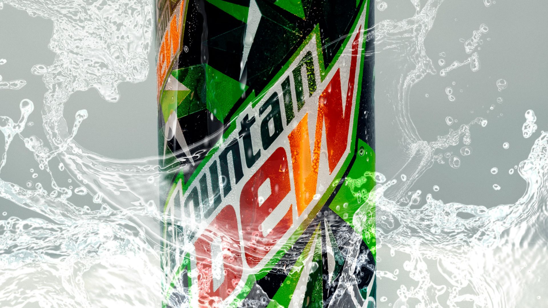a can of mountain dew surrounded by water