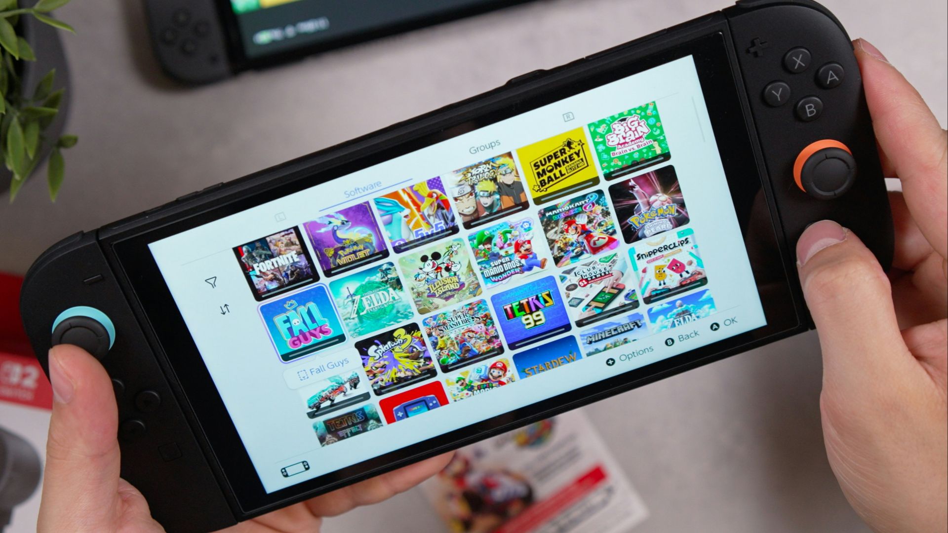 Someone is playing games on a nintendo switch.