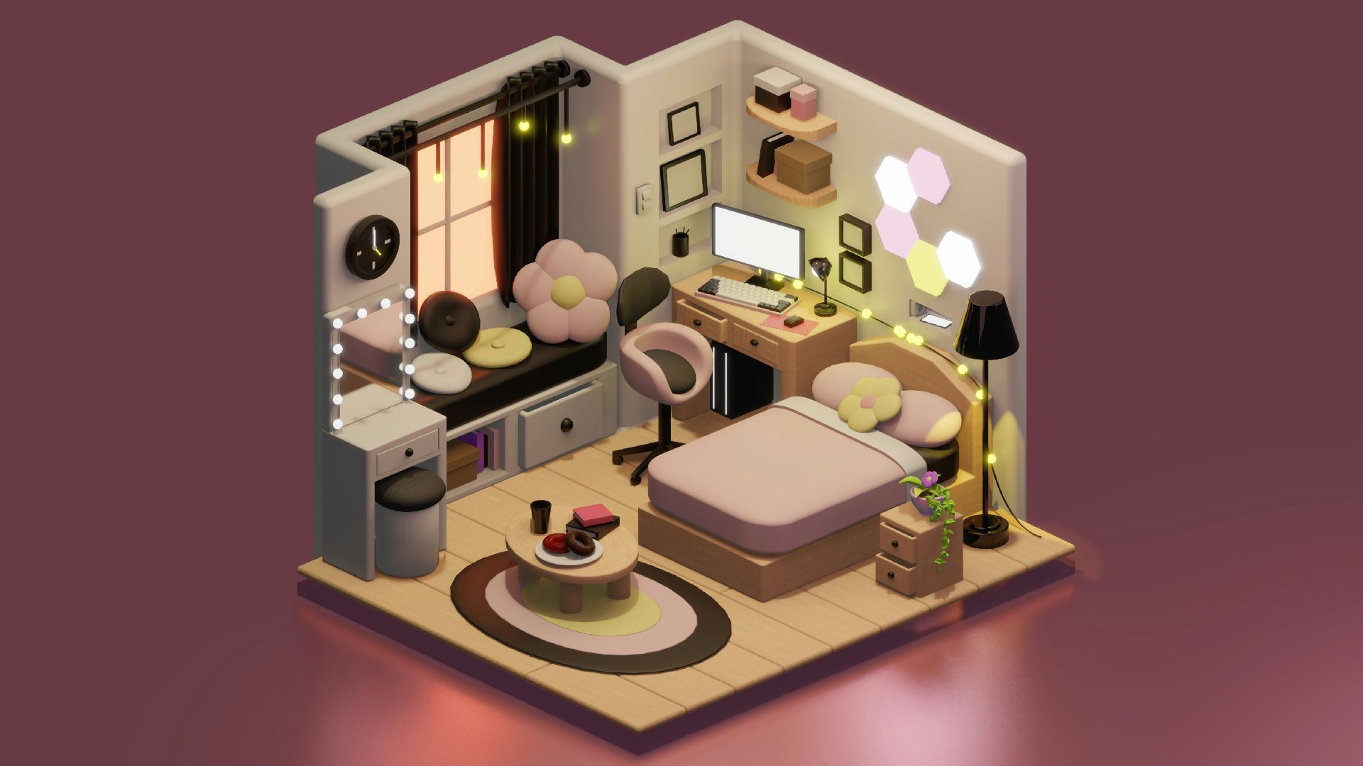 A living room with a bed and a desk