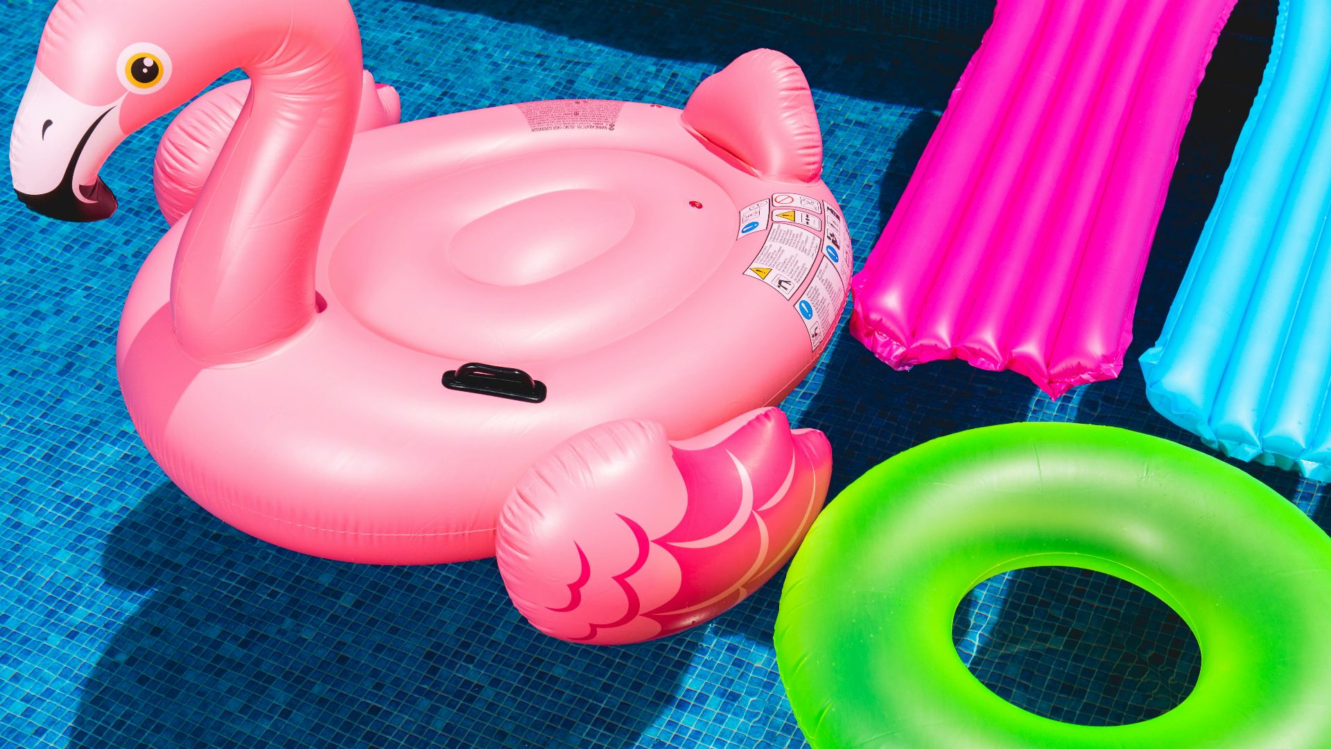 pink inflatable flamingo and green inflatable ring