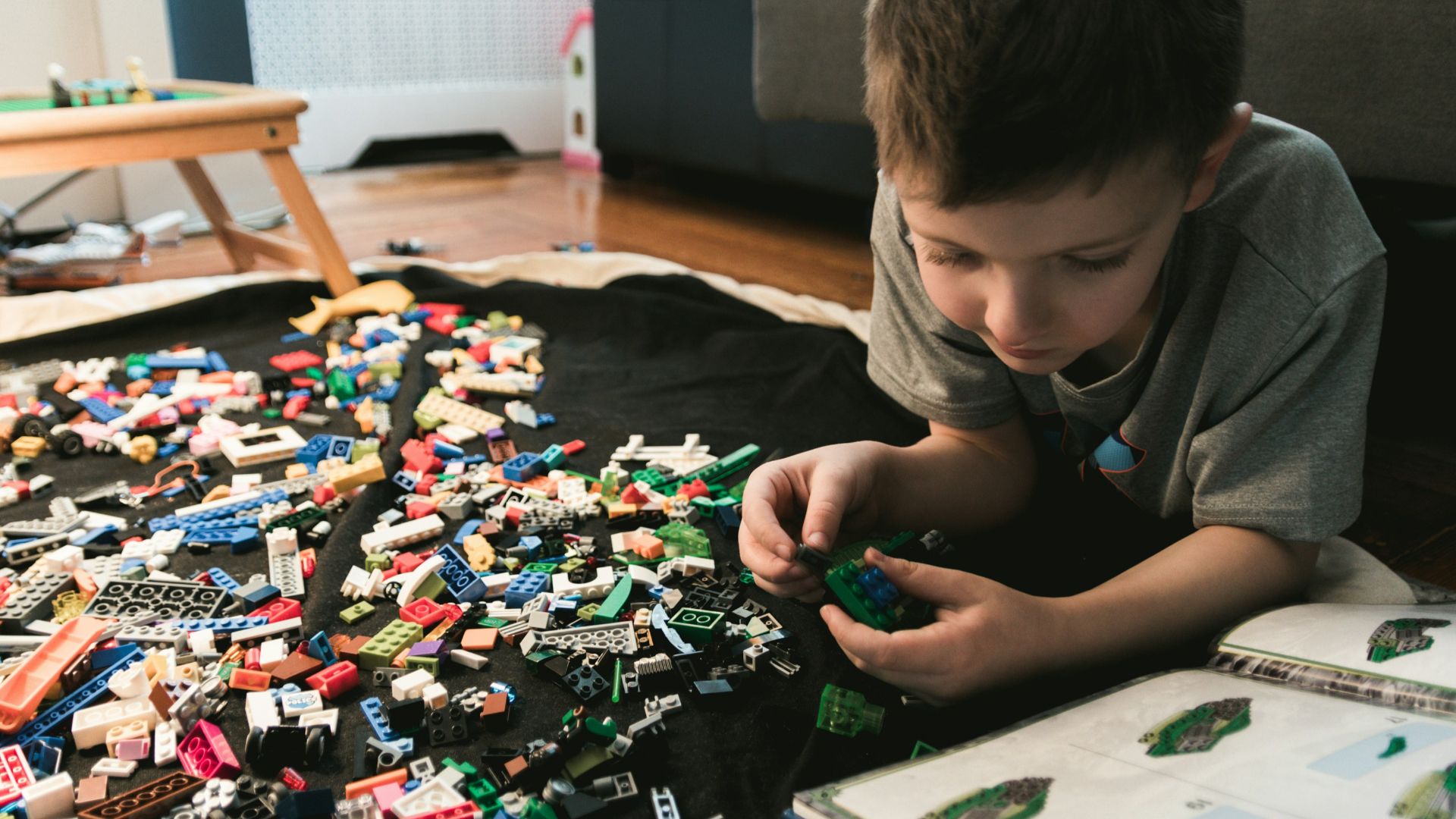 boy in grey crew-neck t-shirt plays LEGO bricks with white manual book
