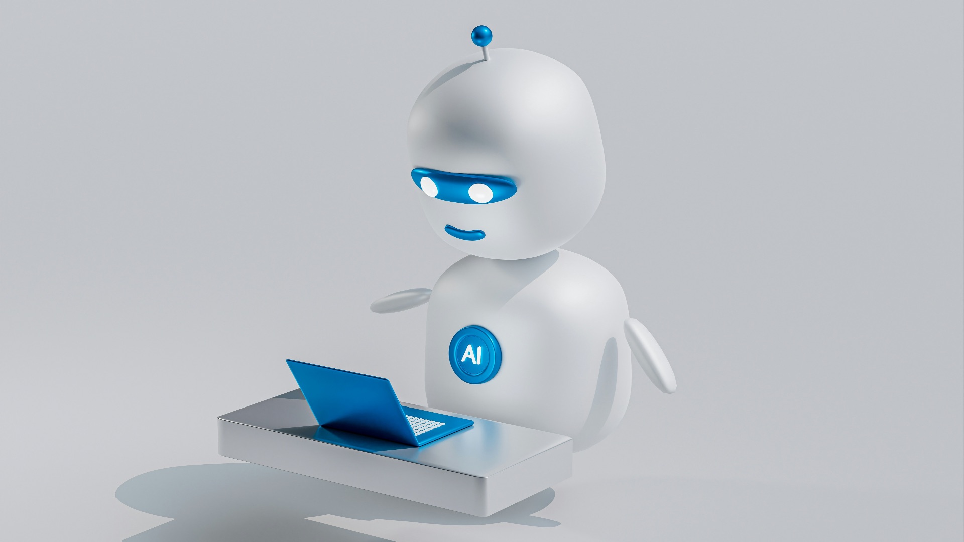 a white robot with blue eyes and a laptop