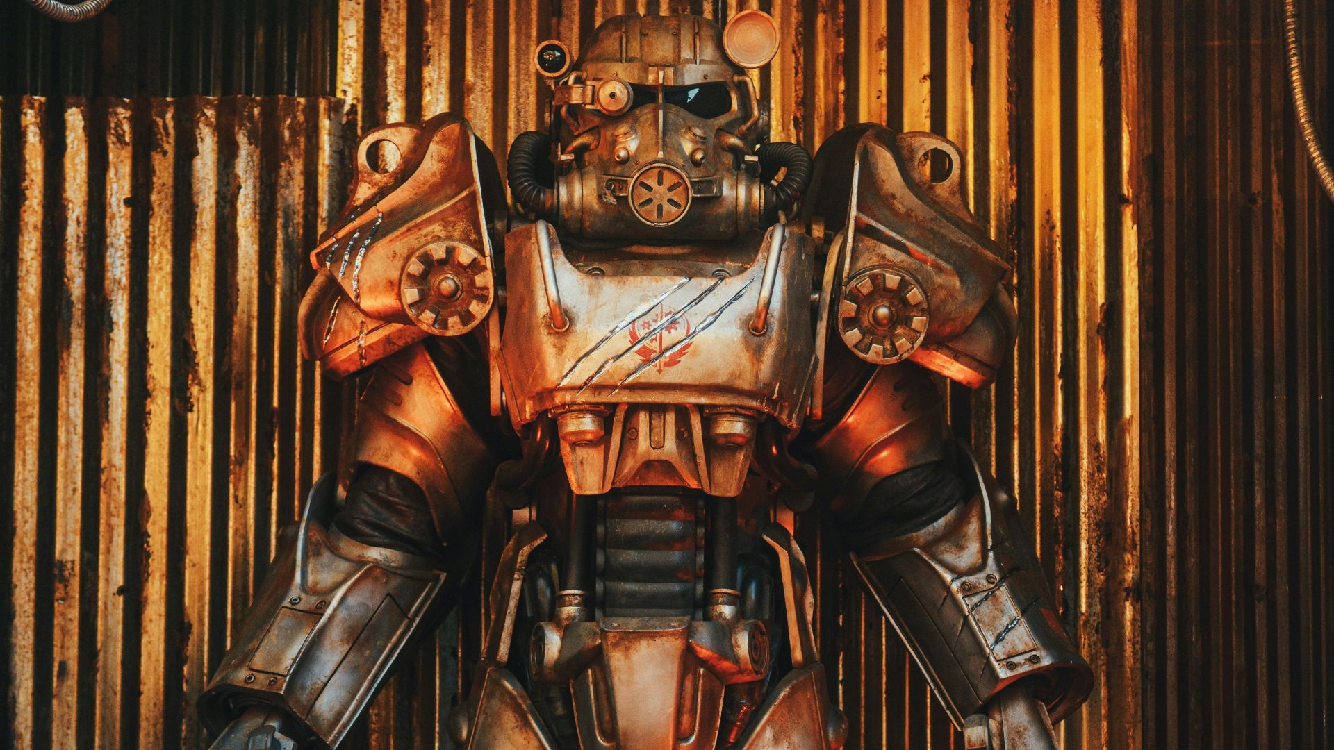 a giant robot standing in front of a wall