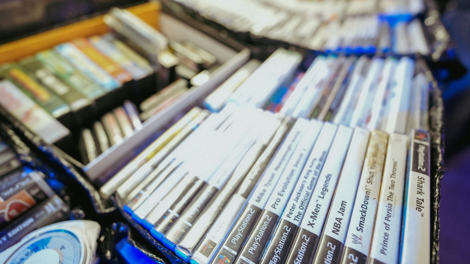 A collection of video games is on display.