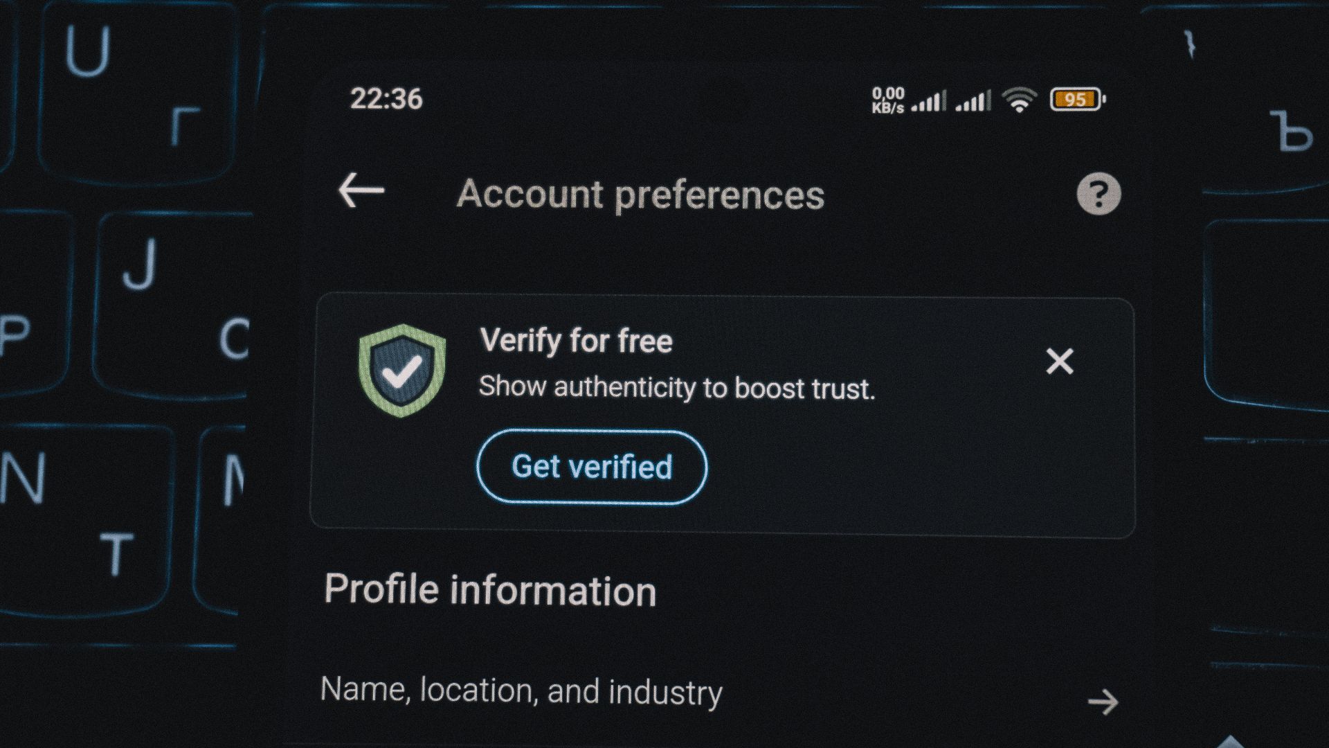 Account preferences screen with verification prompt