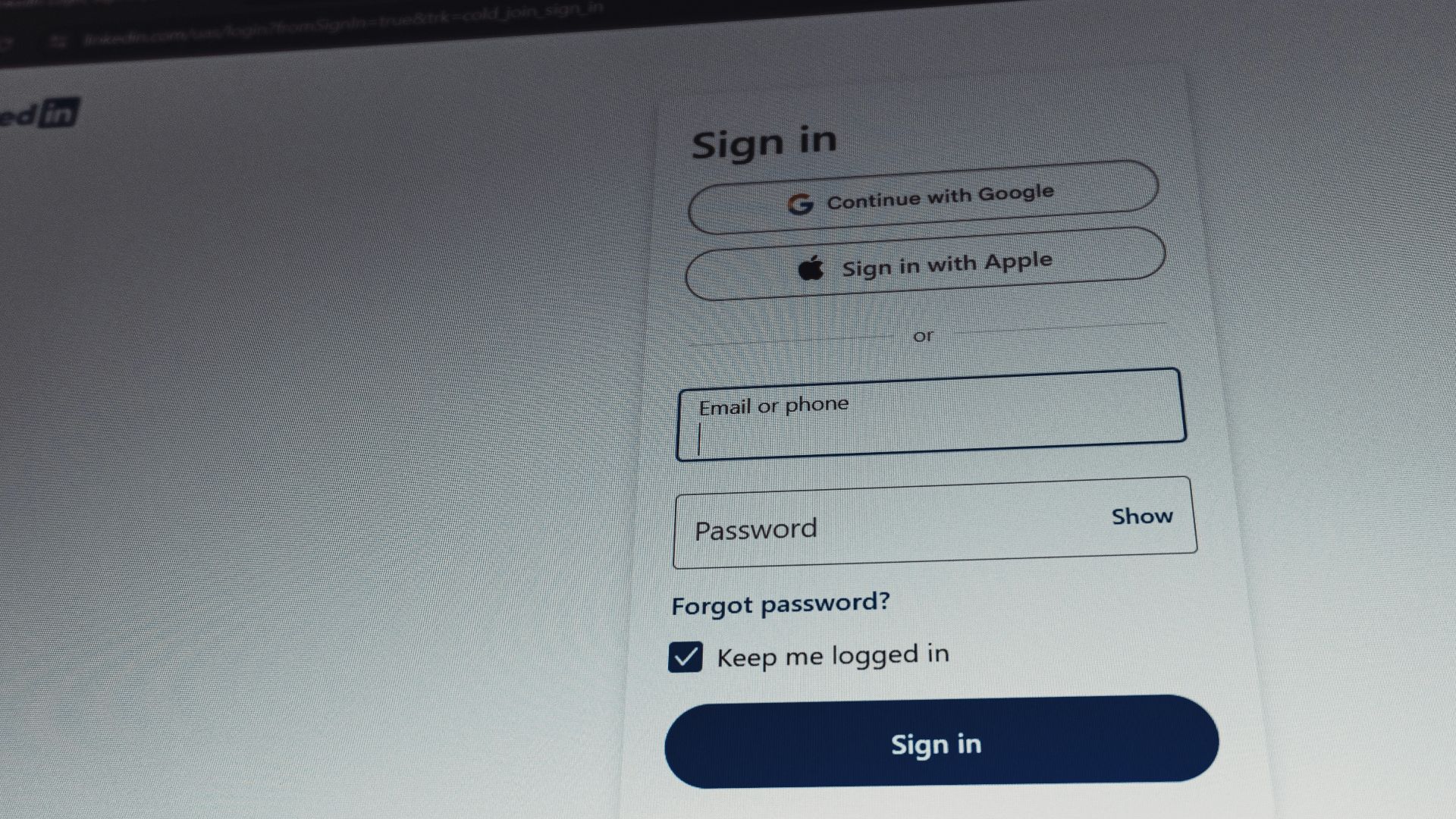 Linkedin sign in page with email and password fields.
