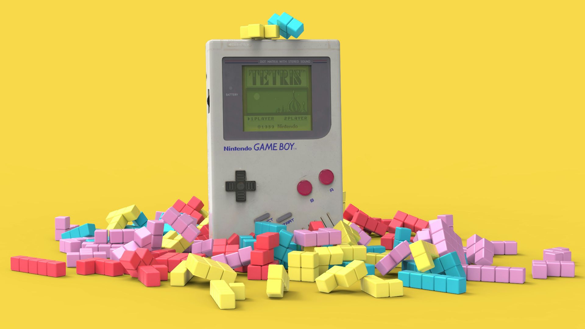 a nintendo gameboy surrounded by letters on a yellow background